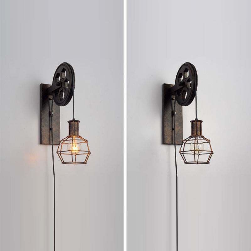 Contemporary Industrial Iron Net Glass 1-Light Pulley Lifting Wall Sconce Lamp For Dining Room