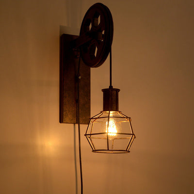 Contemporary Industrial Iron Net Glass 1-Light Pulley Lifting Wall Sconce Lamp For Dining Room