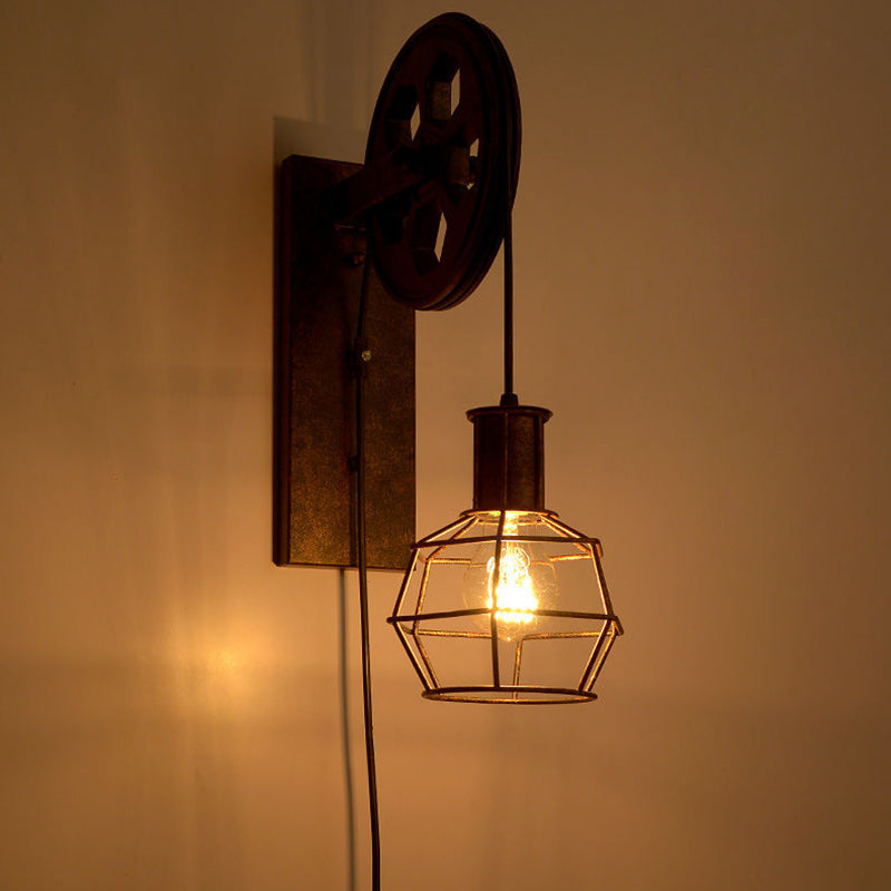 Contemporary Industrial Iron Net Glass 1-Light Pulley Lifting Wall Sconce Lamp For Dining Room