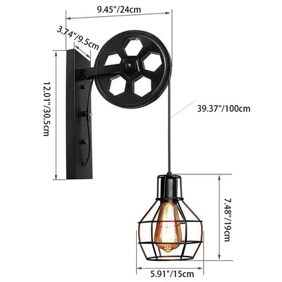 Contemporary Industrial Iron Net Glass 1-Light Pulley Lifting Wall Sconce Lamp For Dining Room