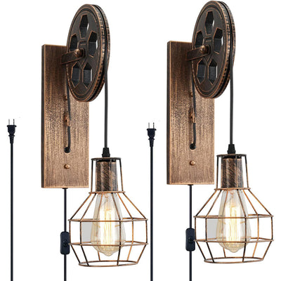 Contemporary Industrial Iron Net Glass 1-Light Pulley Lifting Wall Sconce Lamp For Dining Room