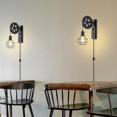 Contemporary Industrial Iron Net Glass 1-Light Pulley Lifting Wall Sconce Lamp For Dining Room