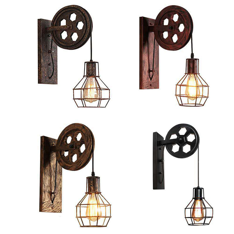 Contemporary Industrial Iron Net Glass 1-Light Pulley Lifting Wall Sconce Lamp For Dining Room