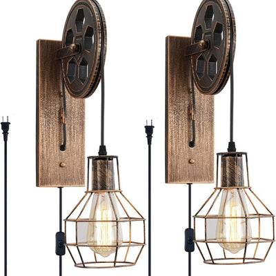 Contemporary Industrial Iron Net Glass 1-Light Pulley Lifting Wall Sconce Lamp For Dining Room