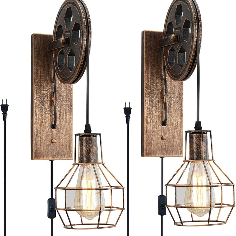 Contemporary Industrial Iron Net Glass 1-Light Pulley Lifting Wall Sconce Lamp For Dining Room