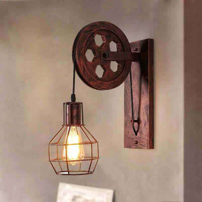 Contemporary Industrial Iron Net Glass 1-Light Pulley Lifting Wall Sconce Lamp For Dining Room