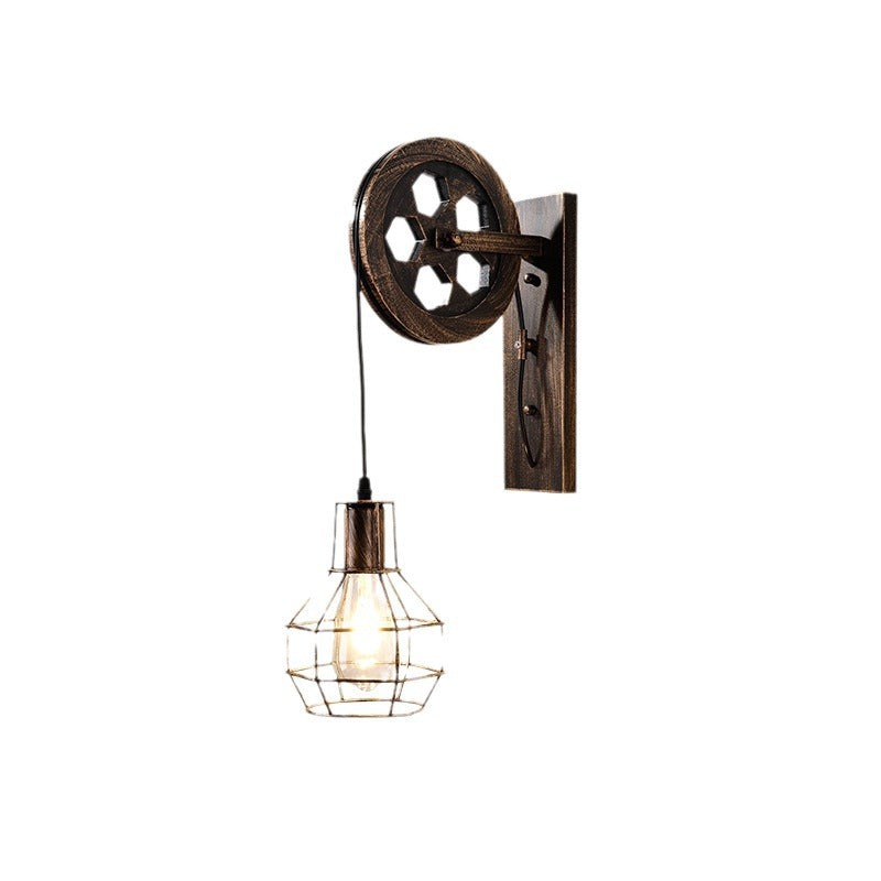 Contemporary Industrial Iron Net Glass 1-Light Pulley Lifting Wall Sconce Lamp For Dining Room