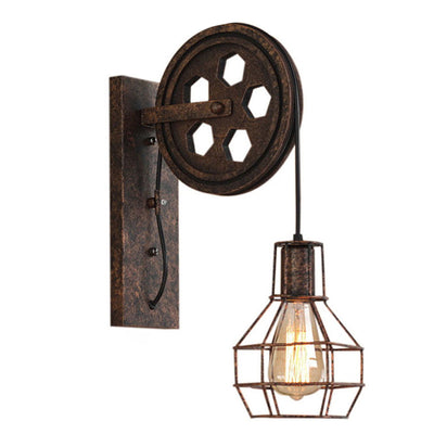 Contemporary Industrial Iron Net Glass 1-Light Pulley Lifting Wall Sconce Lamp For Dining Room