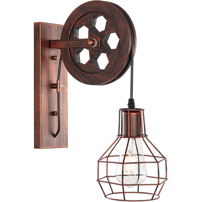 Contemporary Industrial Iron Net Glass 1-Light Pulley Lifting Wall Sconce Lamp For Dining Room