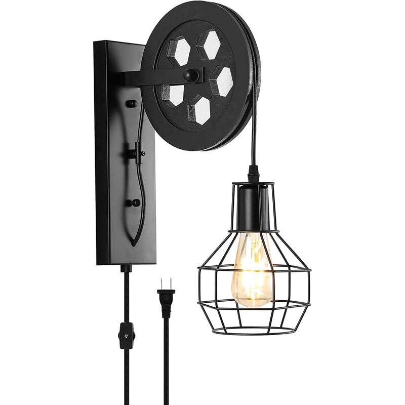 Contemporary Industrial Iron Net Glass 1-Light Pulley Lifting Wall Sconce Lamp For Dining Room