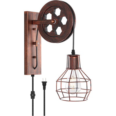 Contemporary Industrial Iron Net Glass 1-Light Pulley Lifting Wall Sconce Lamp For Dining Room