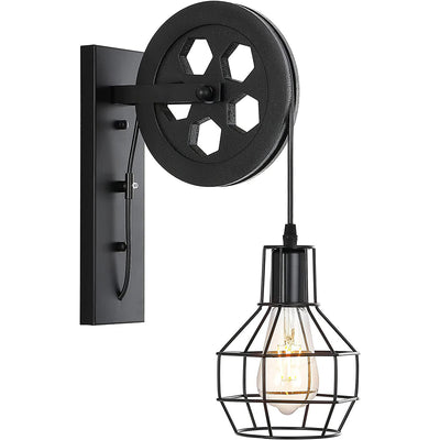 Contemporary Industrial Iron Net Glass 1-Light Pulley Lifting Wall Sconce Lamp For Dining Room