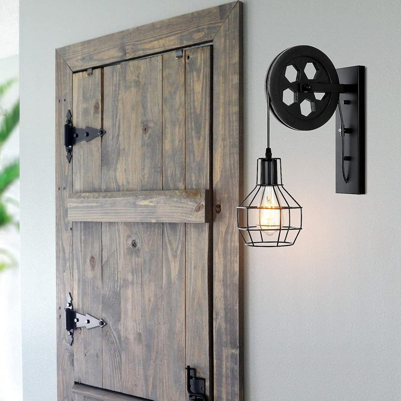 Contemporary Industrial Iron Net Glass 1-Light Pulley Lifting Wall Sconce Lamp For Dining Room