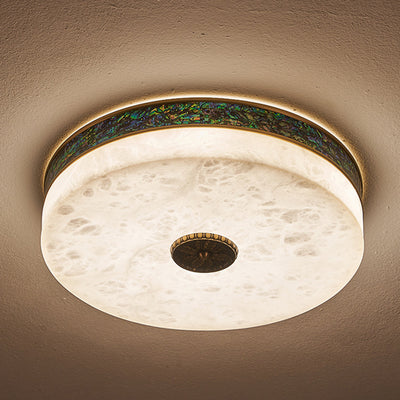 Traditional Chinese Abalone Shell Decor Marble Round Shade LED Flush Mount Ceiling Light For Bedroom