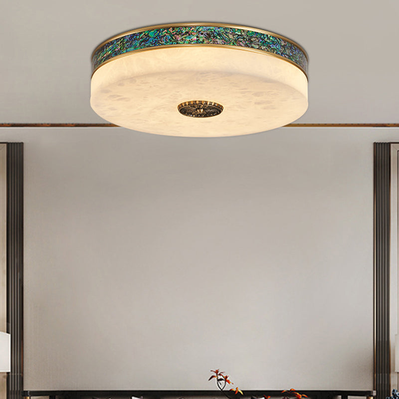 Traditional Chinese Abalone Shell Decor Marble Round Shade LED Flush Mount Ceiling Light For Bedroom