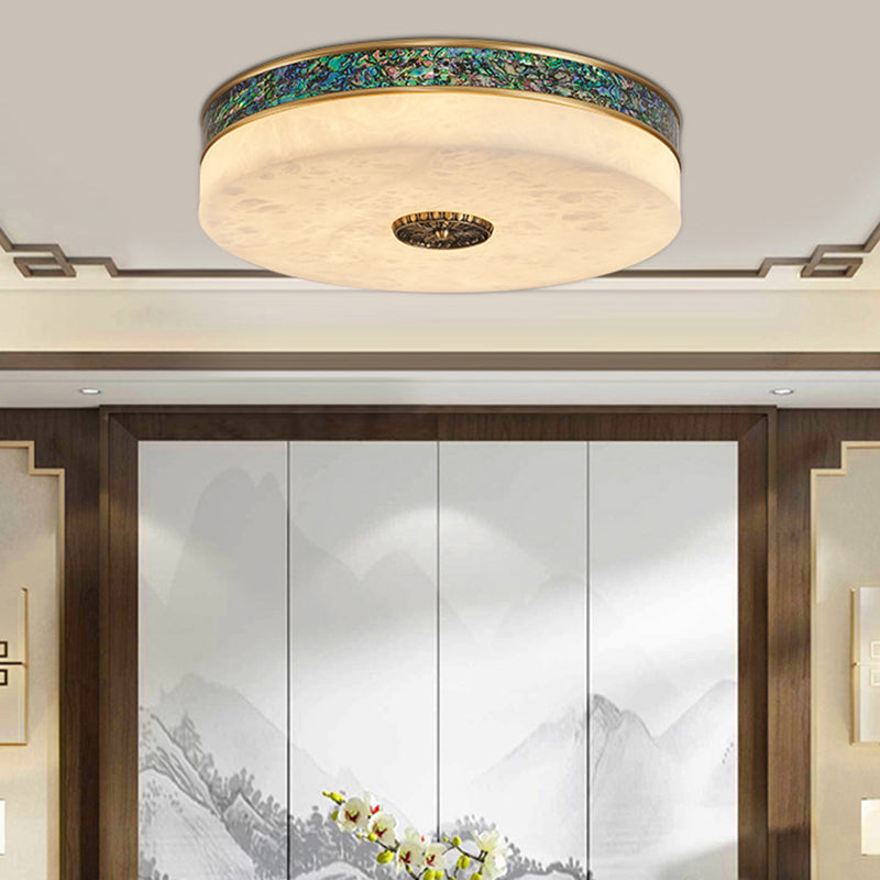 Traditional Chinese Abalone Shell Decor Marble Round Shade LED Flush Mount Ceiling Light For Bedroom