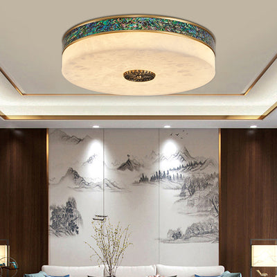 Traditional Chinese Abalone Shell Decor Marble Round Shade LED Flush Mount Ceiling Light For Bedroom