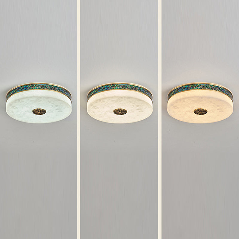 Traditional Chinese Abalone Shell Decor Marble Round Shade LED Flush Mount Ceiling Light For Bedroom