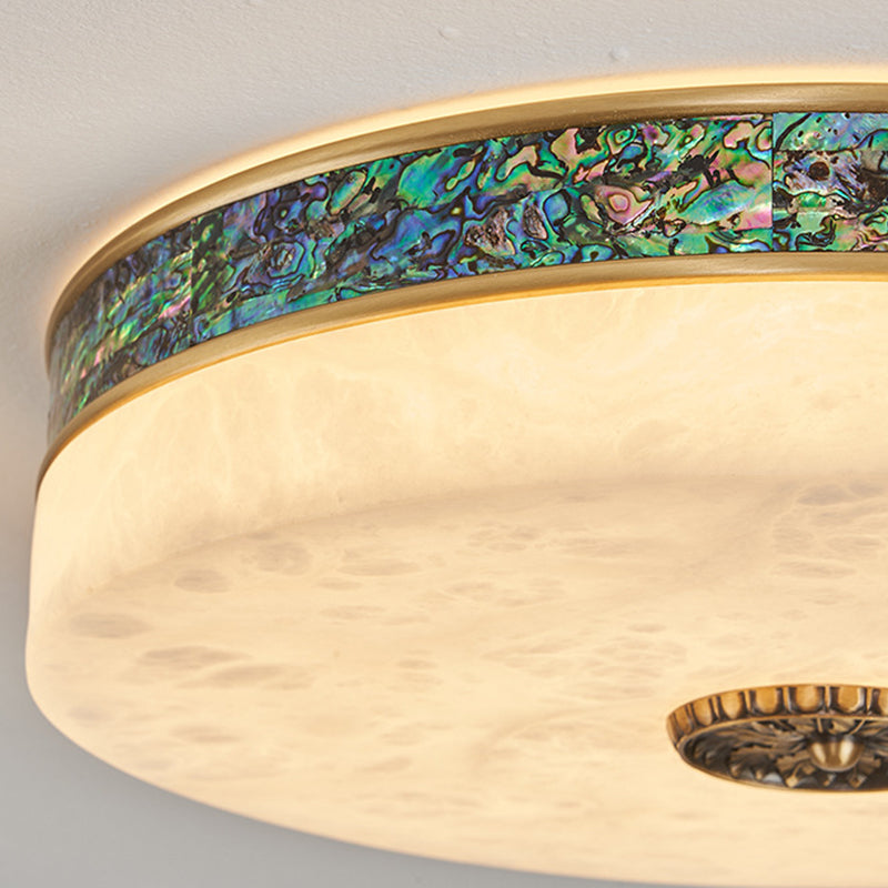 Traditional Chinese Abalone Shell Decor Marble Round Shade LED Flush Mount Ceiling Light For Bedroom