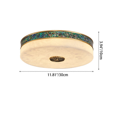 Traditional Chinese Abalone Shell Decor Marble Round Shade LED Flush Mount Ceiling Light For Bedroom