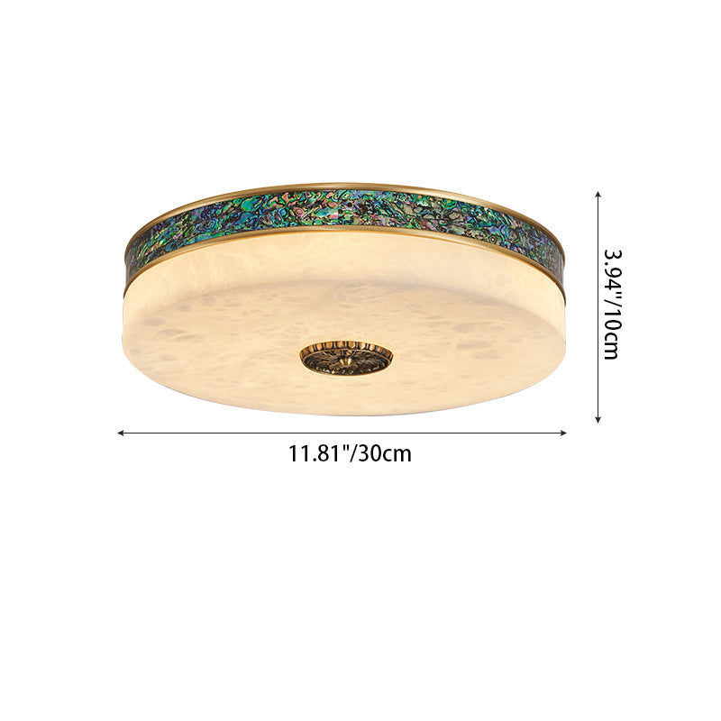 Traditional Chinese Abalone Shell Decor Marble Round Shade LED Flush Mount Ceiling Light For Bedroom