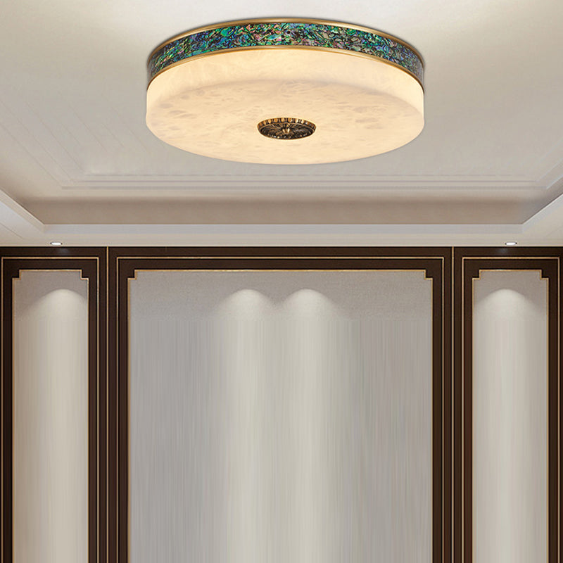 Traditional Chinese Abalone Shell Decor Marble Round Shade LED Flush Mount Ceiling Light For Bedroom