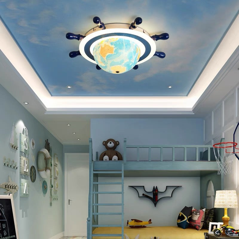 Zeitgenössische kreative Eisen Harz Cartoon Spinning Globe Schiff Ruder LED Kinder Unterputz Deckenleuchte für Schlafzimmer 