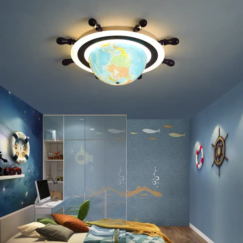 Zeitgenössische kreative Eisen Harz Cartoon Spinning Globe Schiff Ruder LED Kinder Unterputz Deckenleuchte für Schlafzimmer 