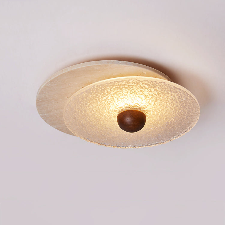 Traditional Japanese Travertine Round Water Ripple Glass Shade LED Flush Mount Ceiling Light For Living Room