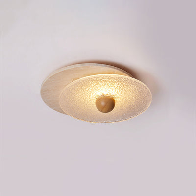 Traditional Japanese Travertine Round Water Ripple Glass Shade LED Flush Mount Ceiling Light For Living Room