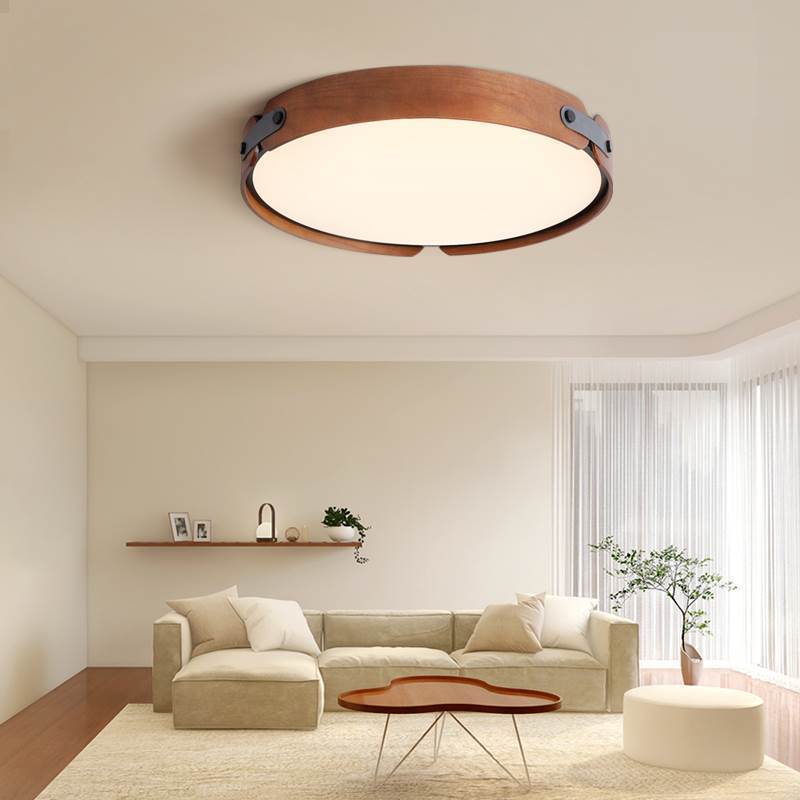 Modern Minimalist Iron Wood Round Shade LED Flush Mount Ceiling Light For Living Room