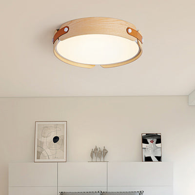 Modern Minimalist Iron Wood Round Shade LED Flush Mount Ceiling Light For Living Room