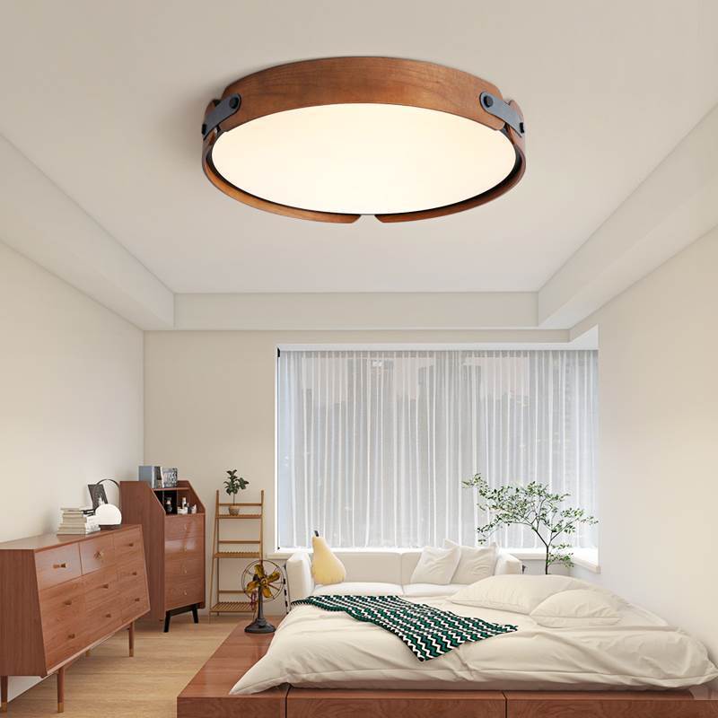 Modern Minimalist Iron Wood Round Shade LED Flush Mount Ceiling Light For Living Room