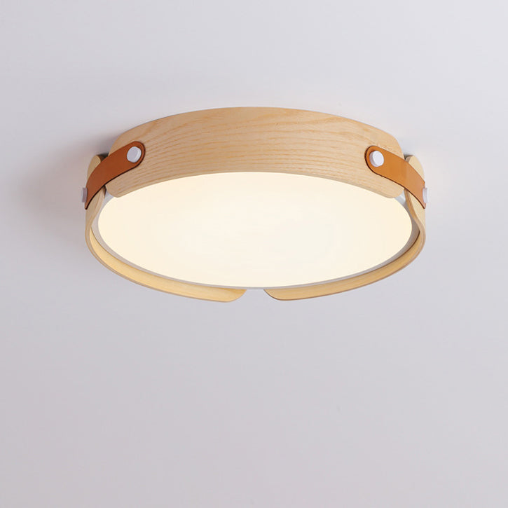 Modern Minimalist Iron Wood Round Shade LED Flush Mount Ceiling Light For Living Room