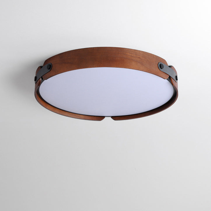 Modern Minimalist Iron Wood Round Shade LED Flush Mount Ceiling Light For Living Room