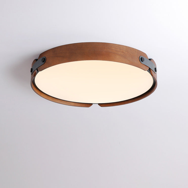 Modern Minimalist Iron Wood Round Shade LED Flush Mount Ceiling Light For Living Room