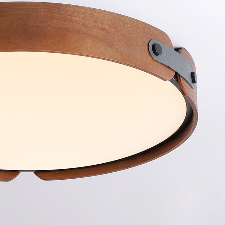 Modern Minimalist Iron Wood Round Shade LED Flush Mount Ceiling Light For Living Room