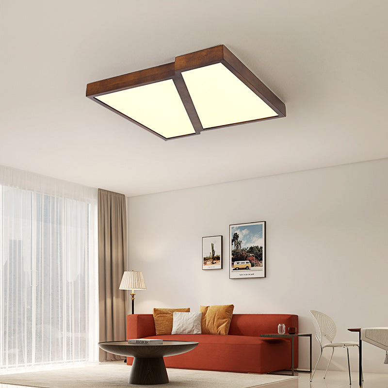 Modern Minimalist Geometric Square Iron Wood LED Flush Mount Ceiling Light For Living Room