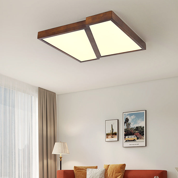 Modern Minimalist Geometric Square Iron Wood LED Flush Mount Ceiling Light For Living Room