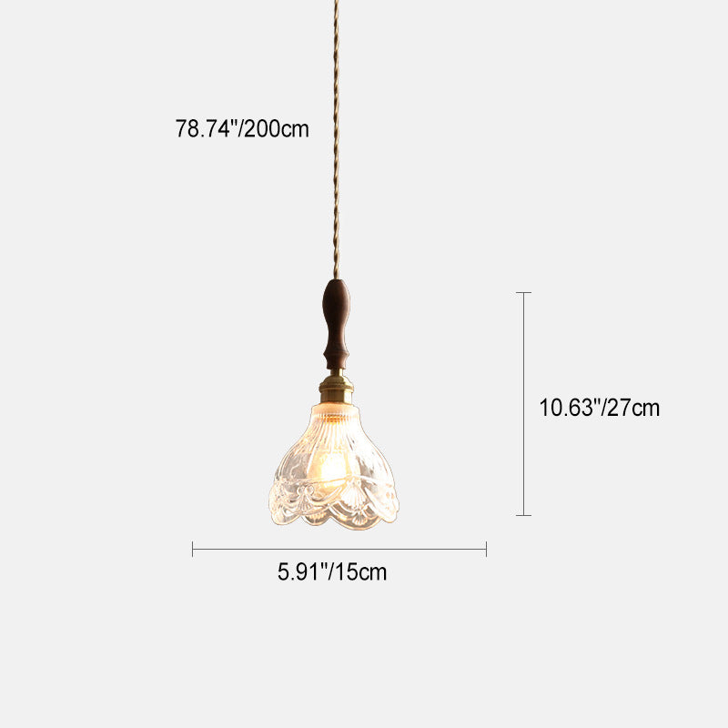 Traditional Japanese Wood Brass Flower Glass Shade 1-Light Pendant Light For Bedroom