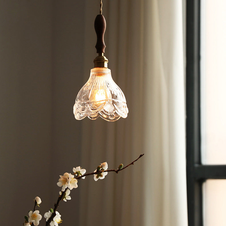 Traditional Japanese Wood Brass Flower Glass Shade 1-Light Pendant Light For Bedroom