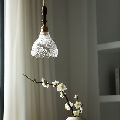 Traditional Japanese Wood Brass Flower Glass Shade 1-Light Pendant Light For Bedroom