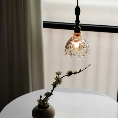 Traditional Japanese Wood Brass Flower Glass Shade 1-Light Pendant Light For Bedroom