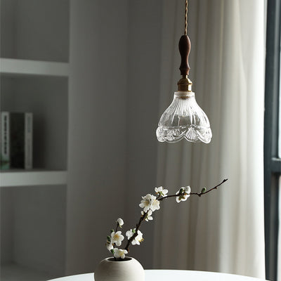 Traditional Japanese Wood Brass Flower Glass Shade 1-Light Pendant Light For Bedroom