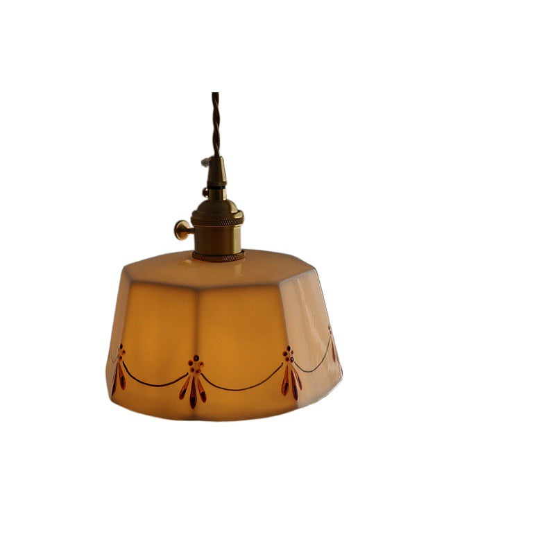 Traditional French Antique Brass Glazed Printed Ceramic Round 1-Light Pendant Light For Living Room