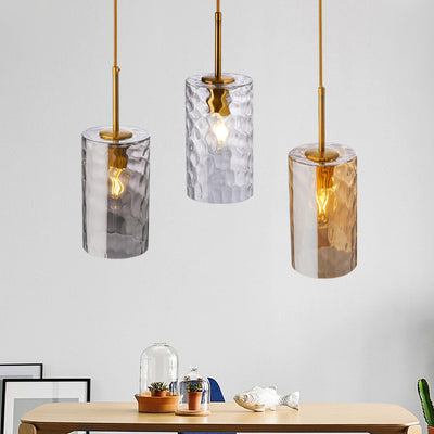 Contemporary Nordic Cylindrical Water Ripple Glass Iron 1-Light Pendant Light For Living Room