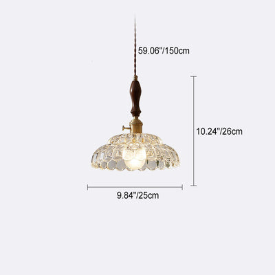 Traditional Japanese Walnut Wood Flower Glass Shade 1-Light Pendant Light For Living Room