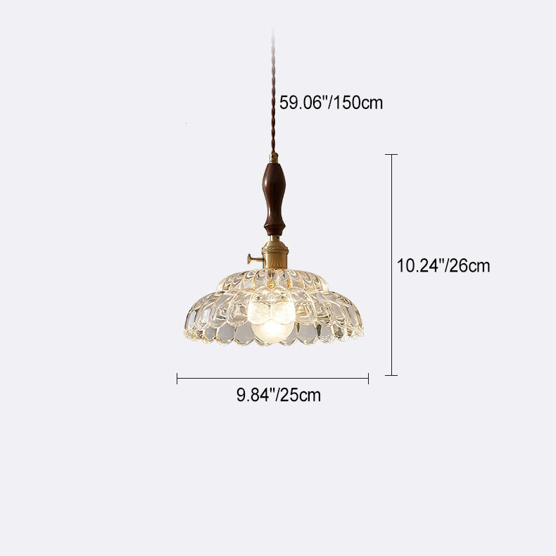 Traditional Japanese Walnut Wood Flower Glass Shade 1-Light Pendant Light For Living Room