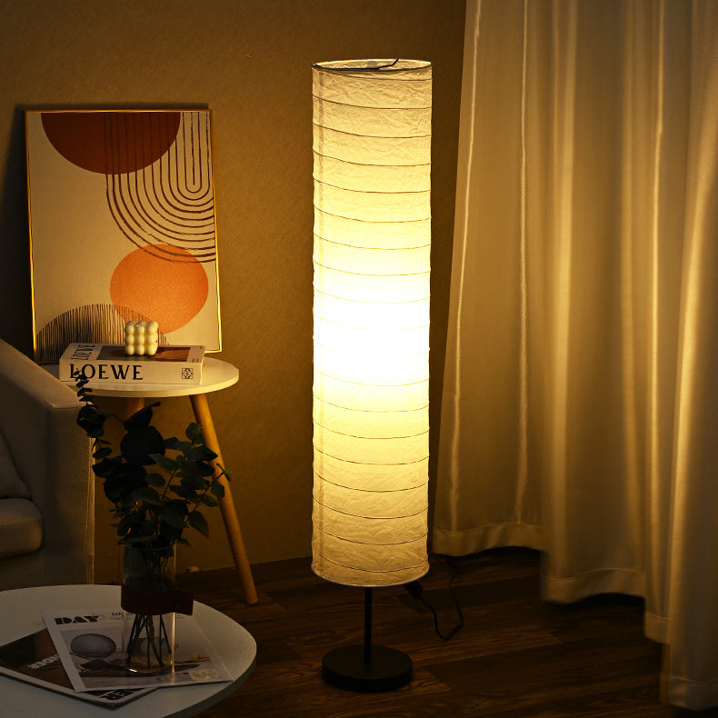 Traditional Japanese Pleated Paper Column Shade 1-Light Standing Floor Lamp For Home Office