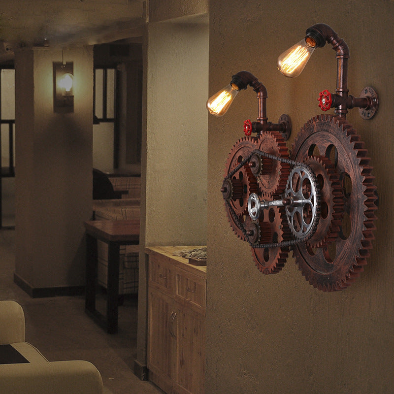 Contemporary Retro Iron Water Pipe Gear Design 2-Light Wall Sconce Lamp For Entertainment Rooms